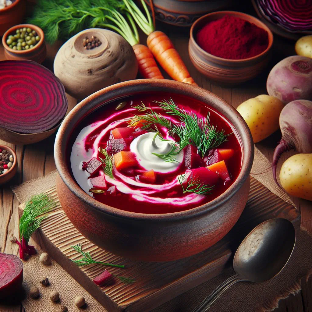 Bowl of deep-red borscht topped with soured cream and fresh dill
