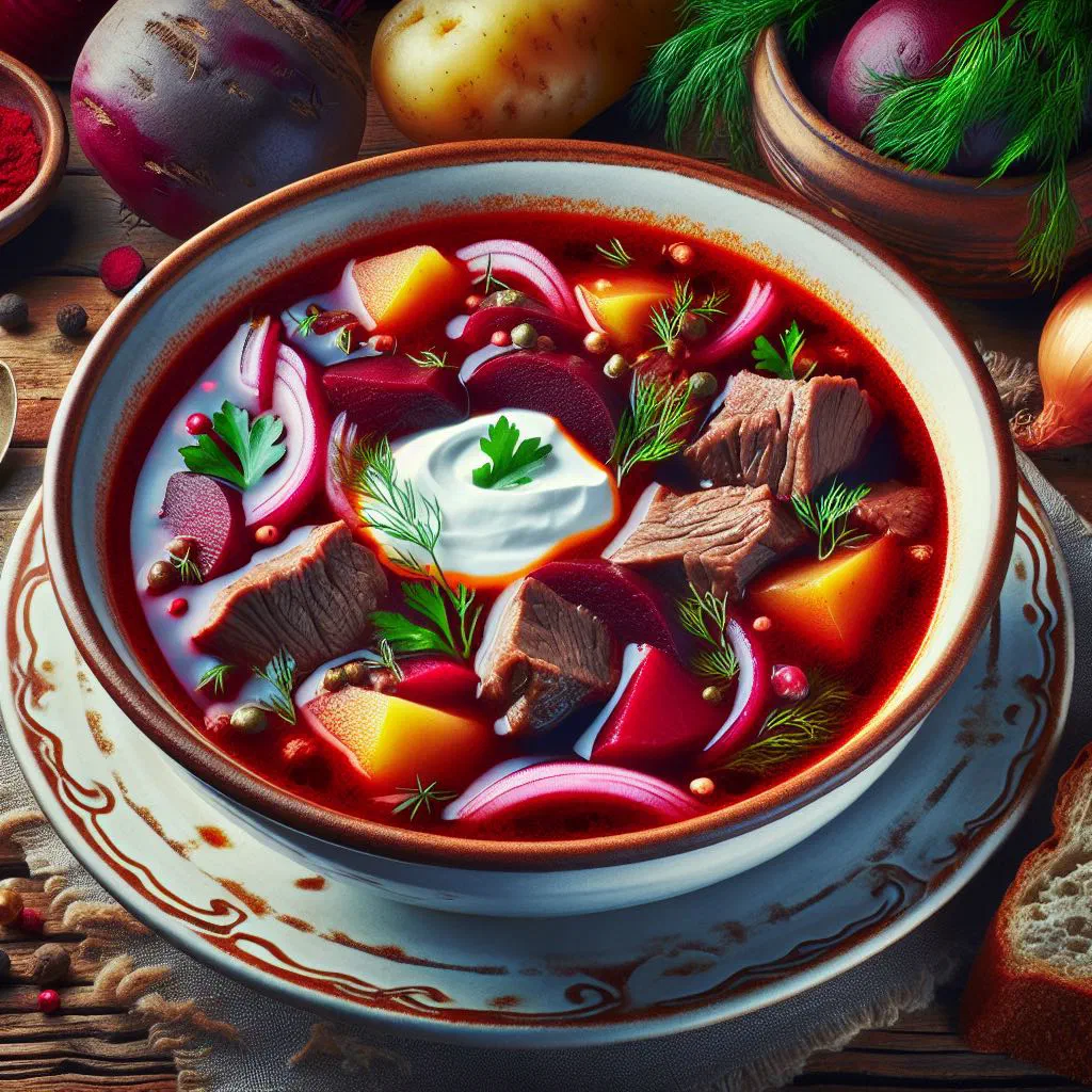 A deep red bowl of beef borscht topped with soured cream and fresh dill
