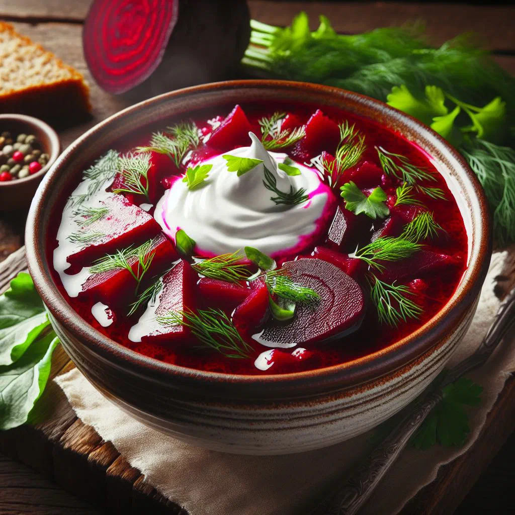 A deep bowl of ruby-red borscht topped with sour cream and fresh dill