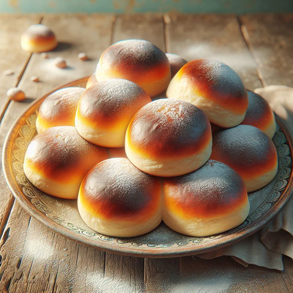 Golden Ukrainian buchty yeast buns dusted with icing sugar