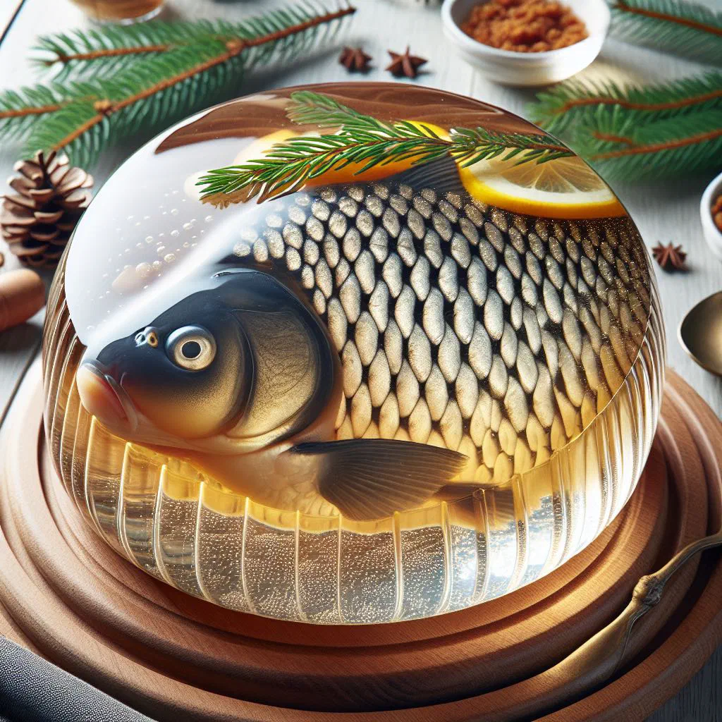 Carp in aspic set in a clear jelly with carrots, onion and fresh dill
