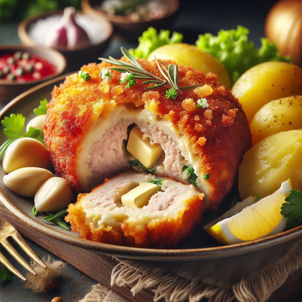 Golden breaded Chicken Kiev cutlet with herb garlic butter