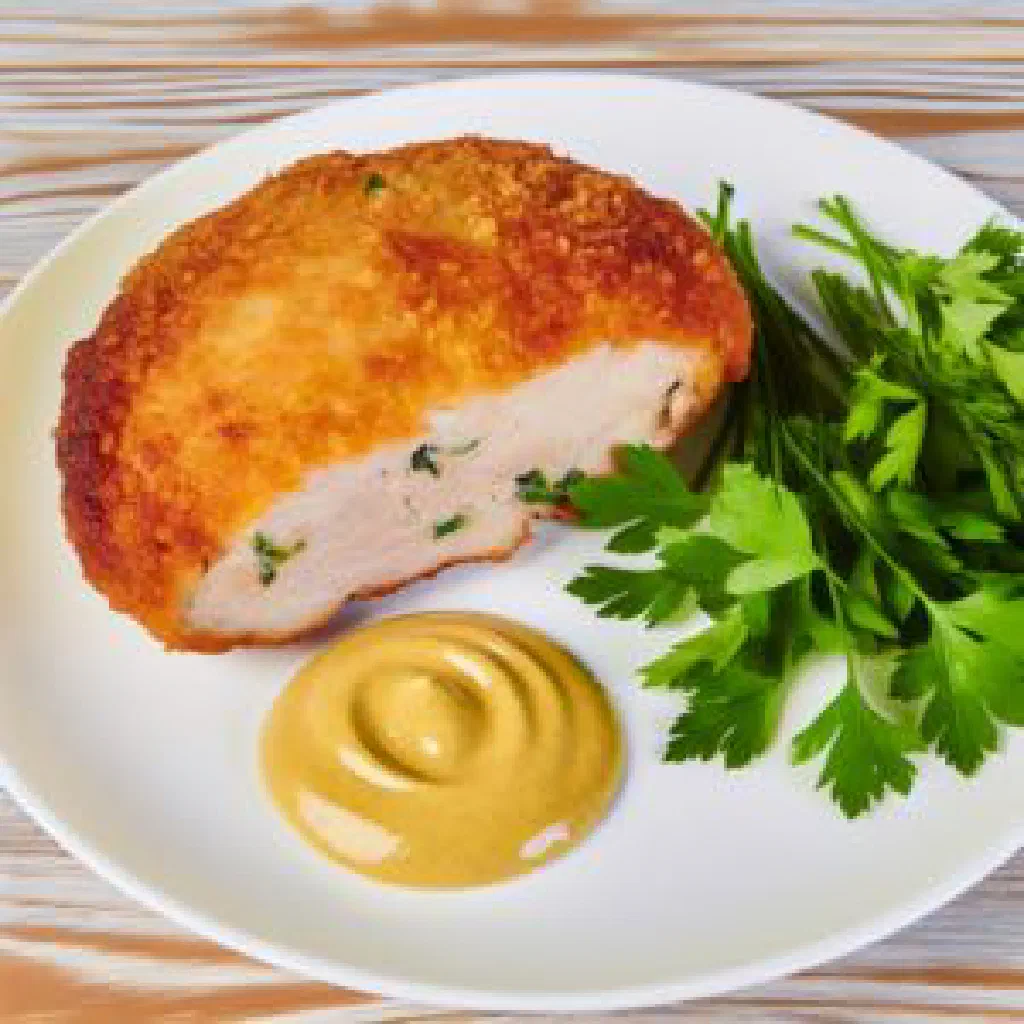 Golden breaded Chicken Kyiv cutlet oozing herb butter, garnished with fresh herbs