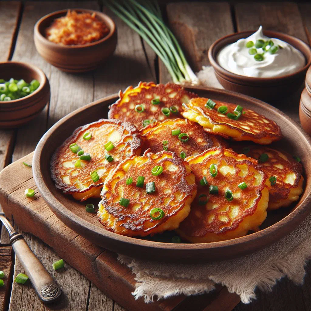 Golden Ukrainian deruny potato pancakes with a dollop of soured cream