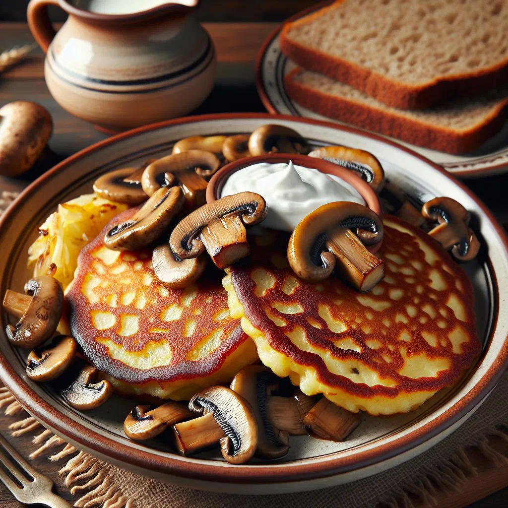 Crispy Ukrainian deruny potato pancakes with mushrooms