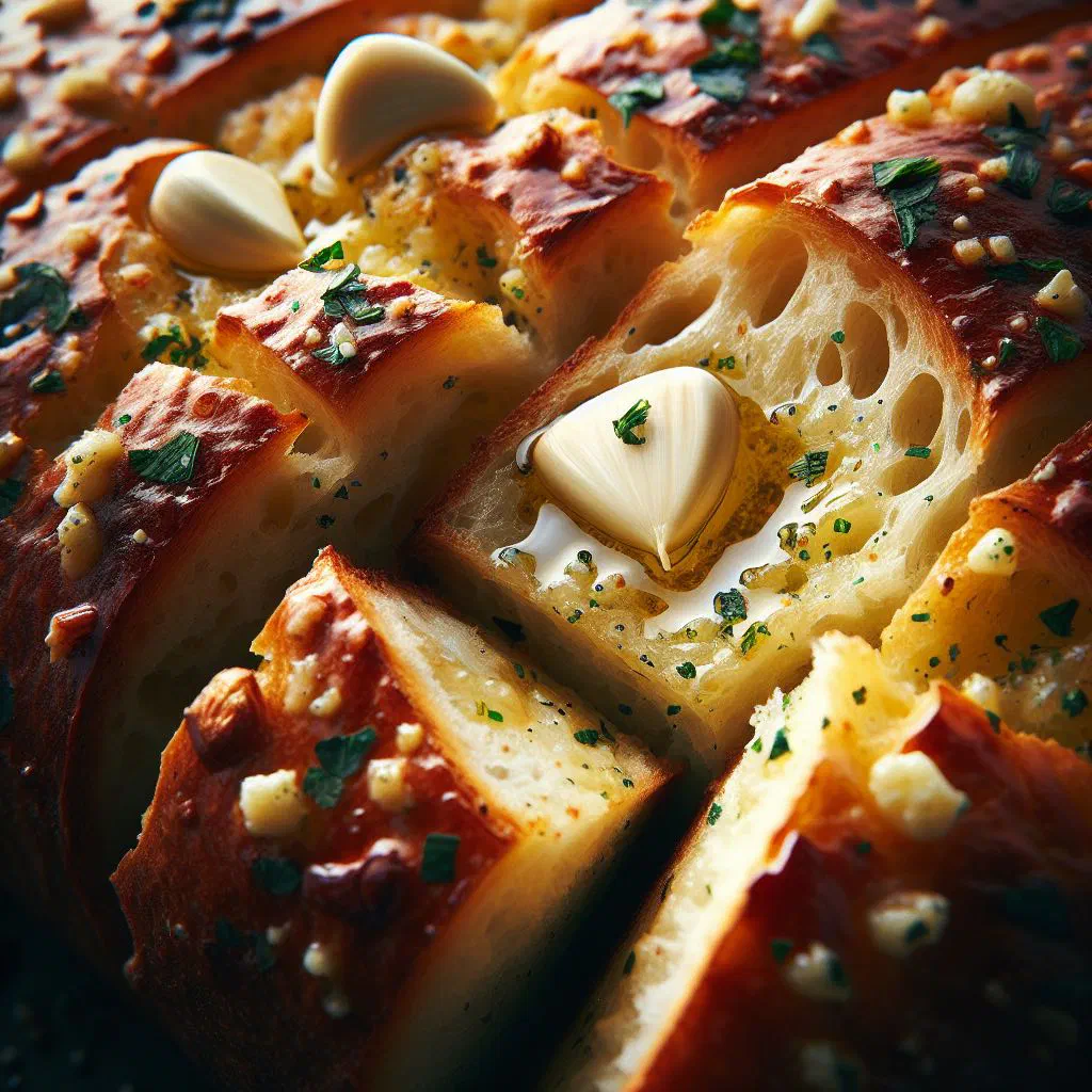 Toasted slices of garlic bread topped with fresh herbs