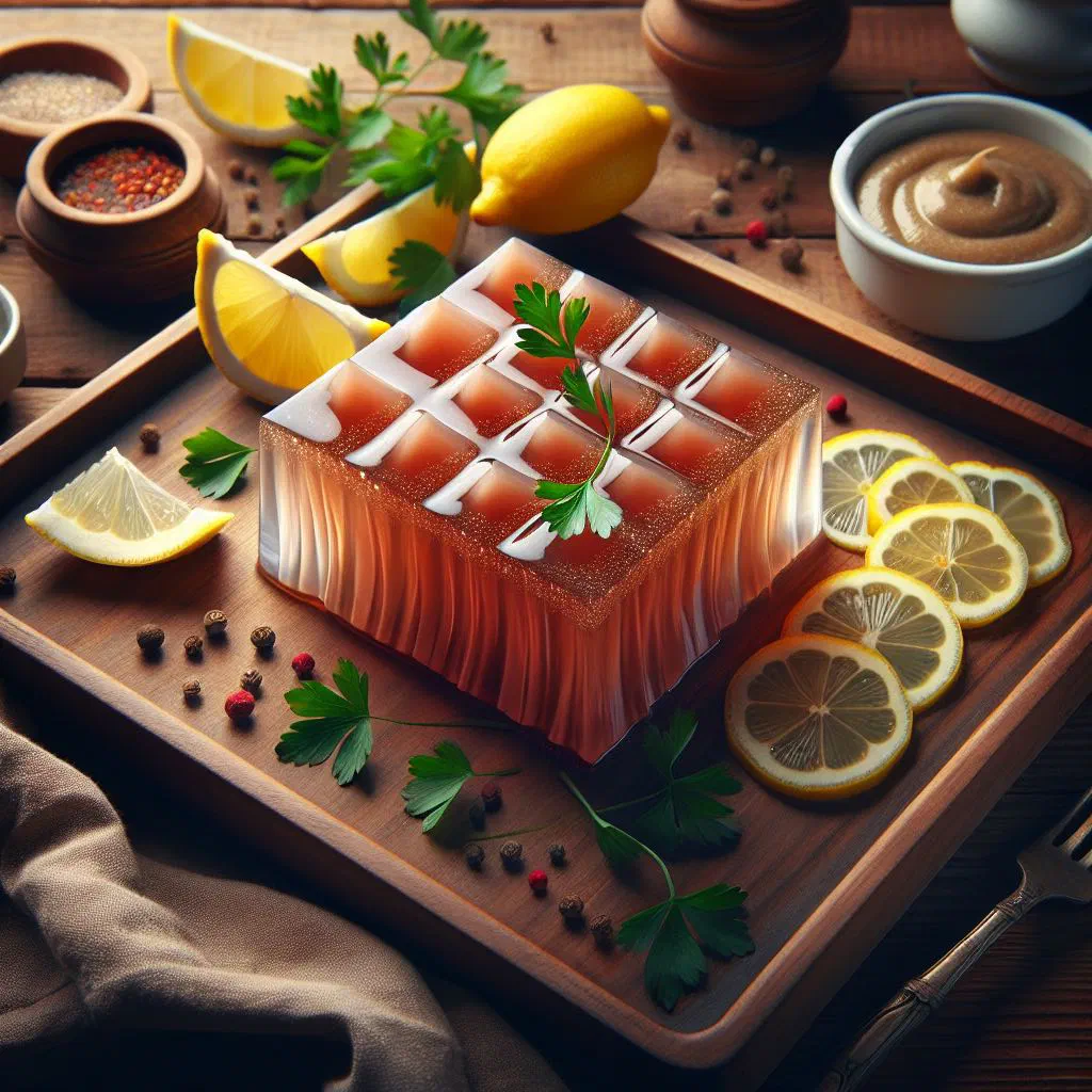 Sliced holodets meat jelly garnished with fresh herbs on a plate