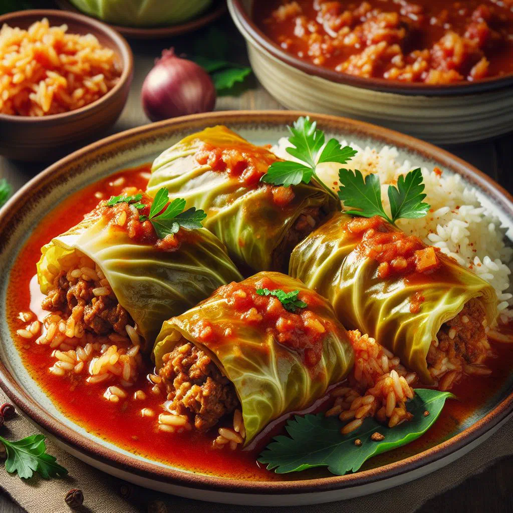 Ukrainian holubtsi cabbage rolls in tomato sauce garnished with fresh dill