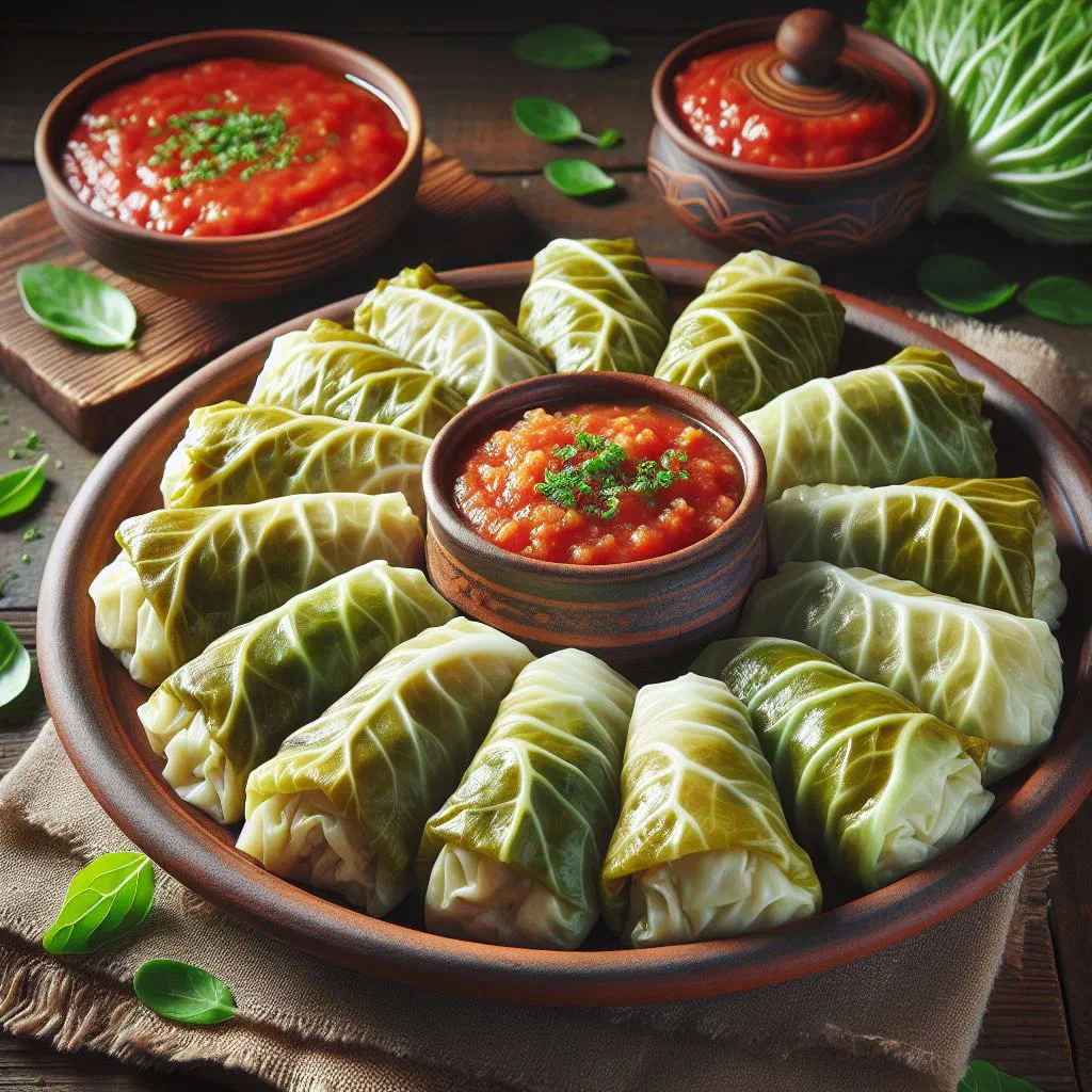Ukrainian holubzi cabbage rolls in tomato sauce garnished with dill