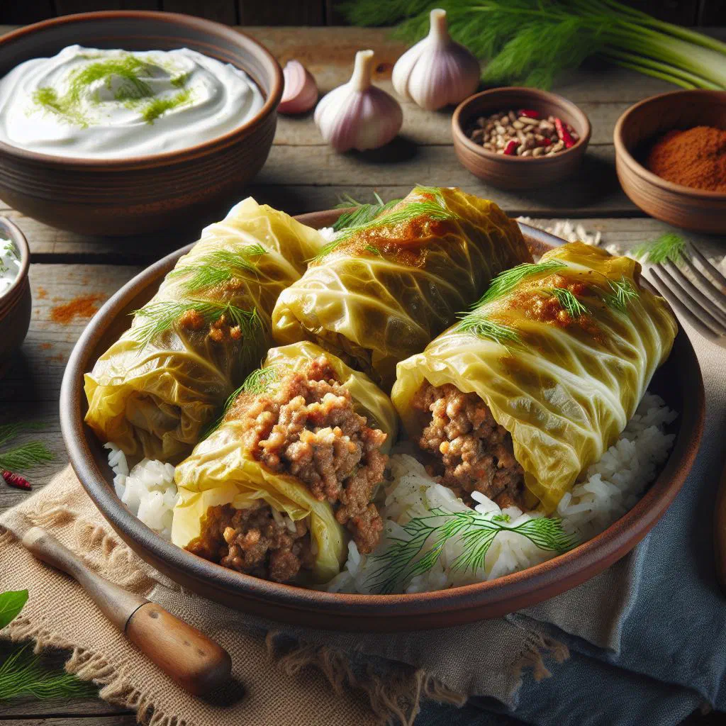 Ukrainian holubzi cabbage rolls stuffed with minced meat and rice in tomato sauce