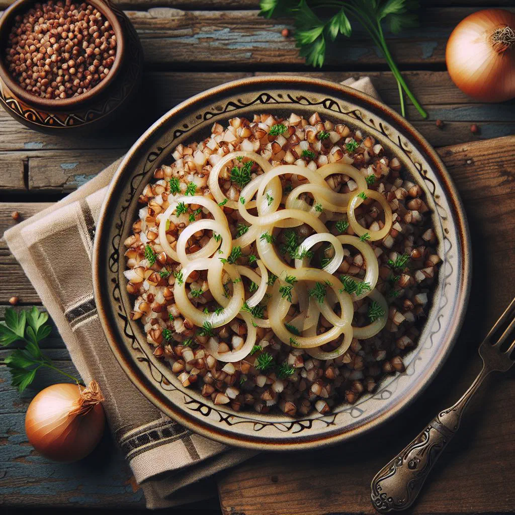 A bowl of cooked buckwheat topped with golden fried onions