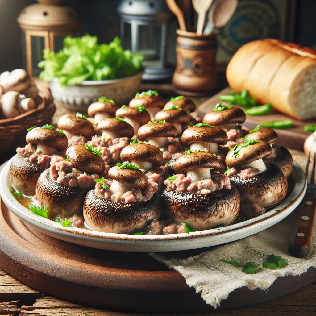 Baked stuffed mushrooms filled with seasoned meat and garnished with parsley