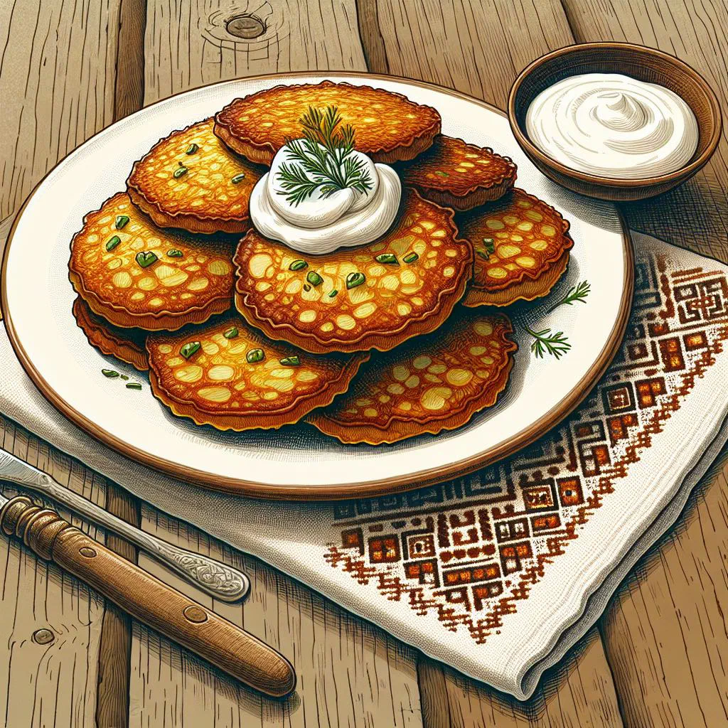 Golden pan-fried Ukrainian potato cakes served with soured cream