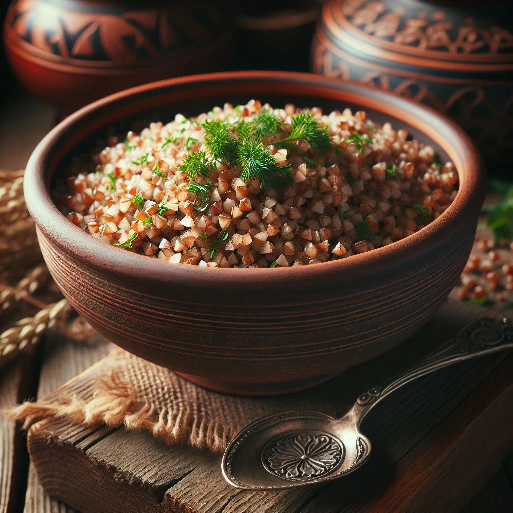 Bowl of Ukrainian kasha with sautéed onions and mushrooms