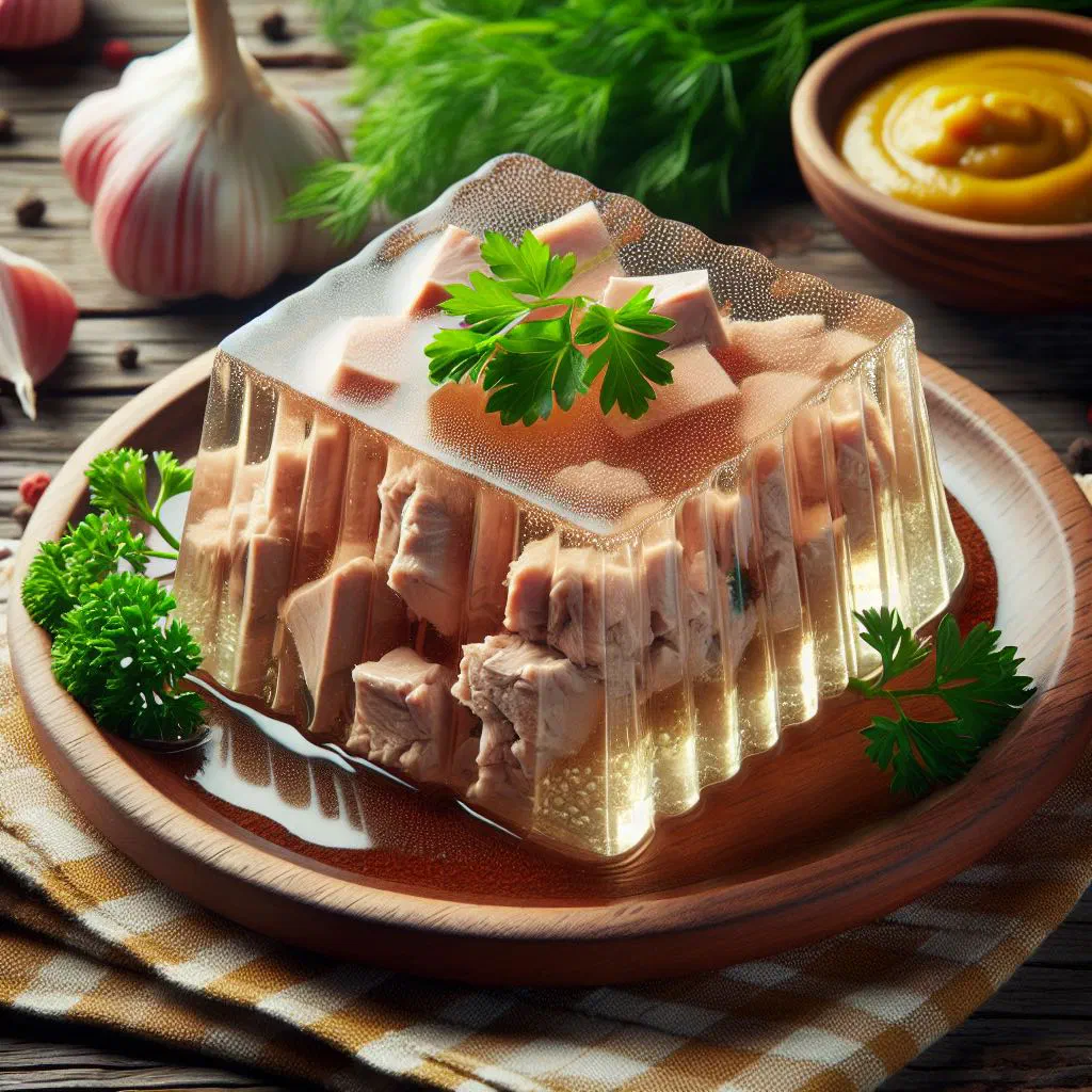 Set kholodets meat aspic garnished with carrot and fresh herbs