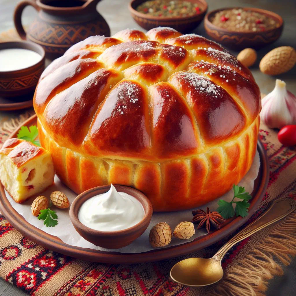 Golden Ukrainian knysh pastries filled with potato and onion, served with sour cream