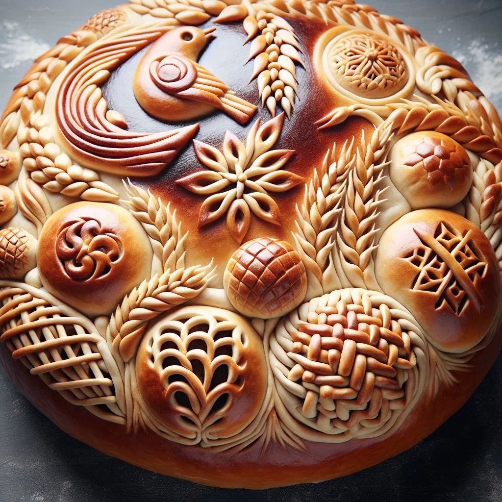 Golden braided korovai wedding bread decorated with dough ornaments