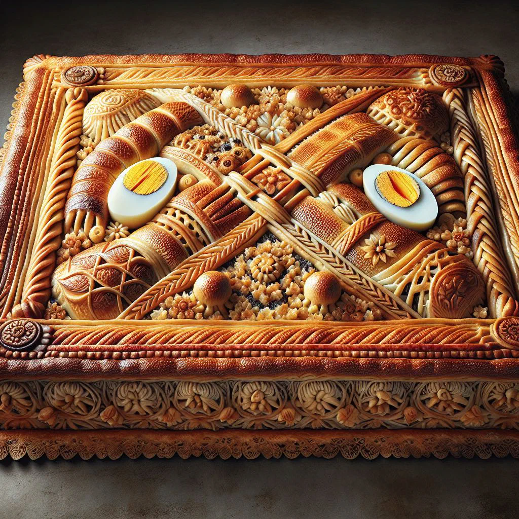 Golden-baked Ukrainian kulebyaka fish pie sliced to show the filling