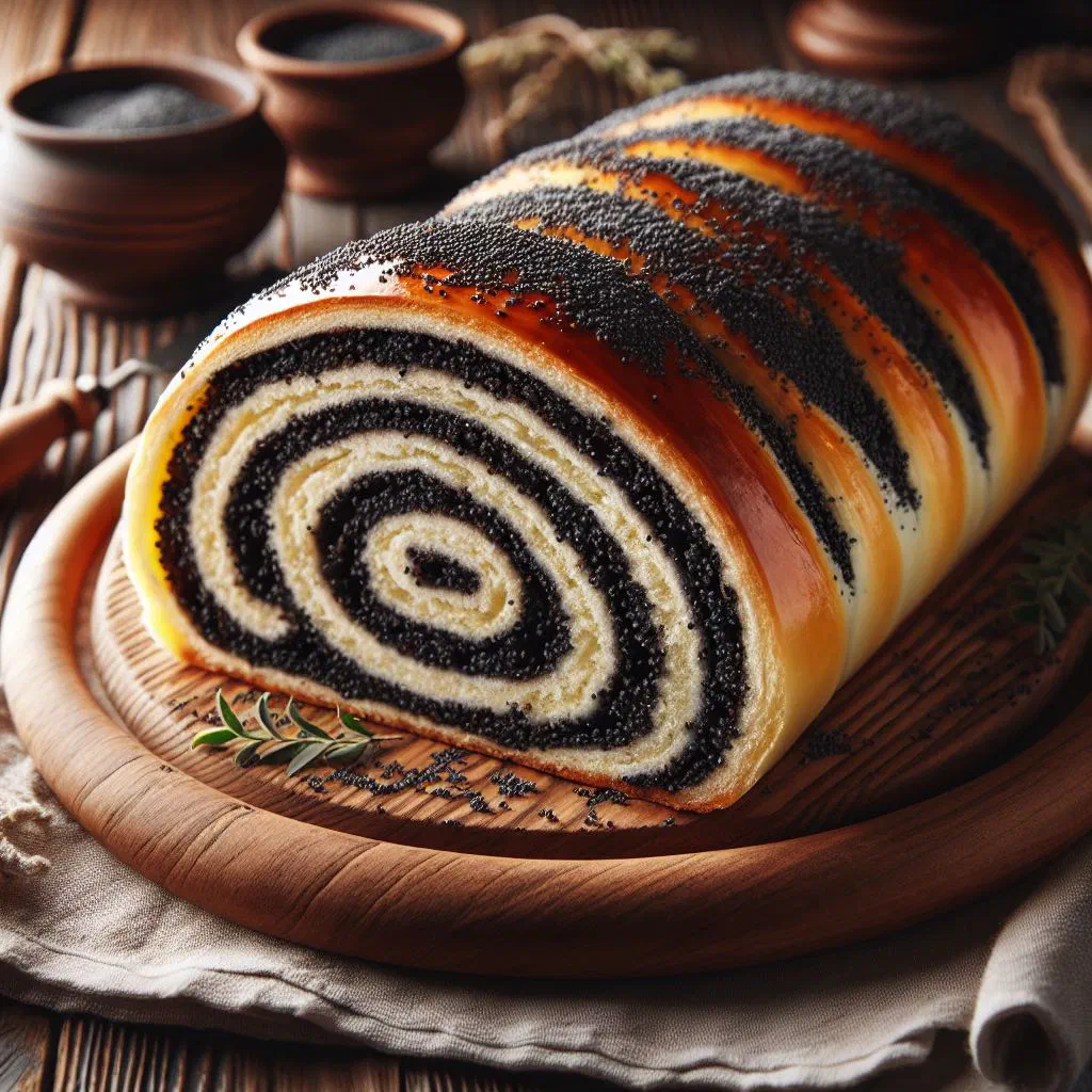 Sliced Ukrainian makivnyk poppy seed roll dusted with icing sugar