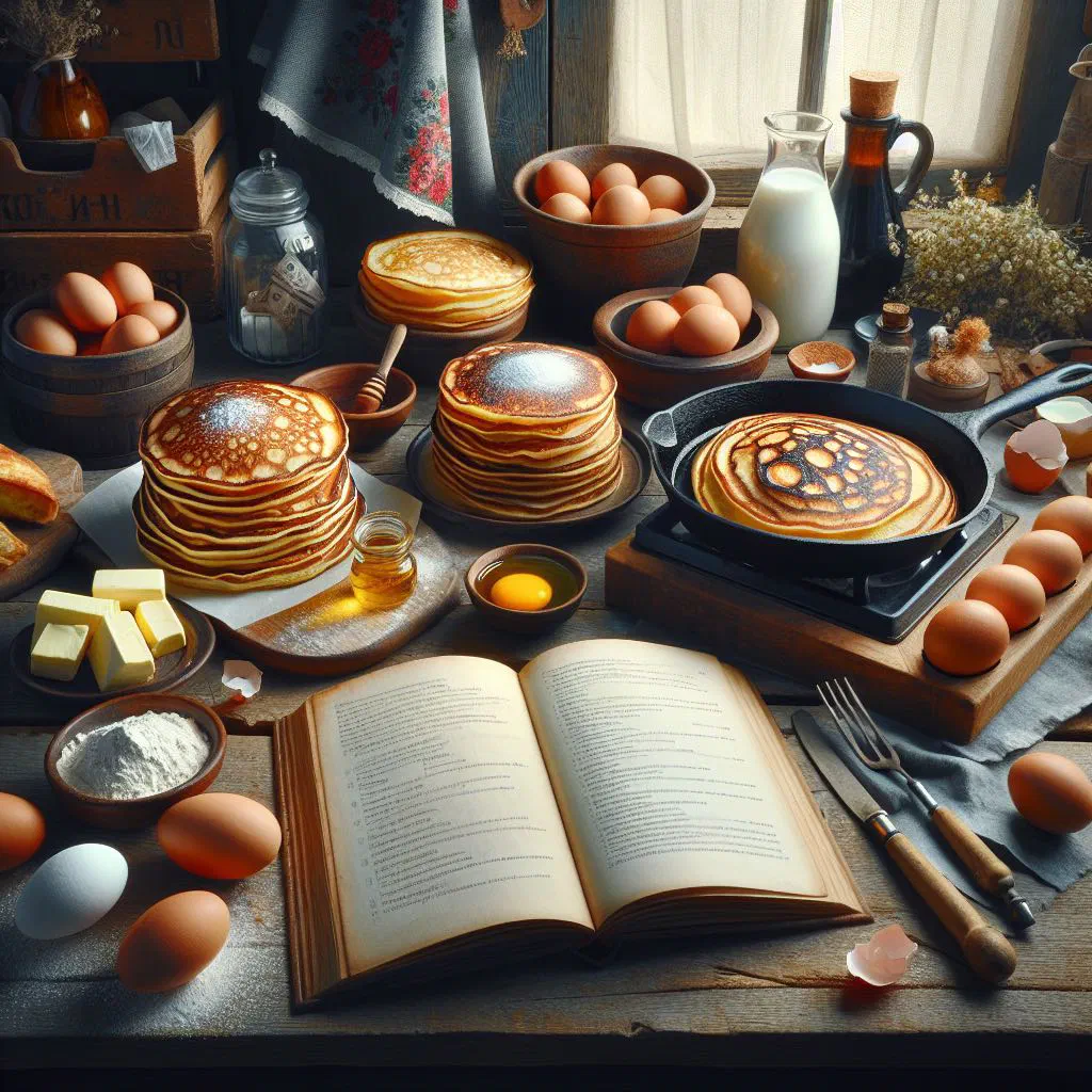 A stack of thin Ukrainian mlyntsi pancakes served with fresh berries