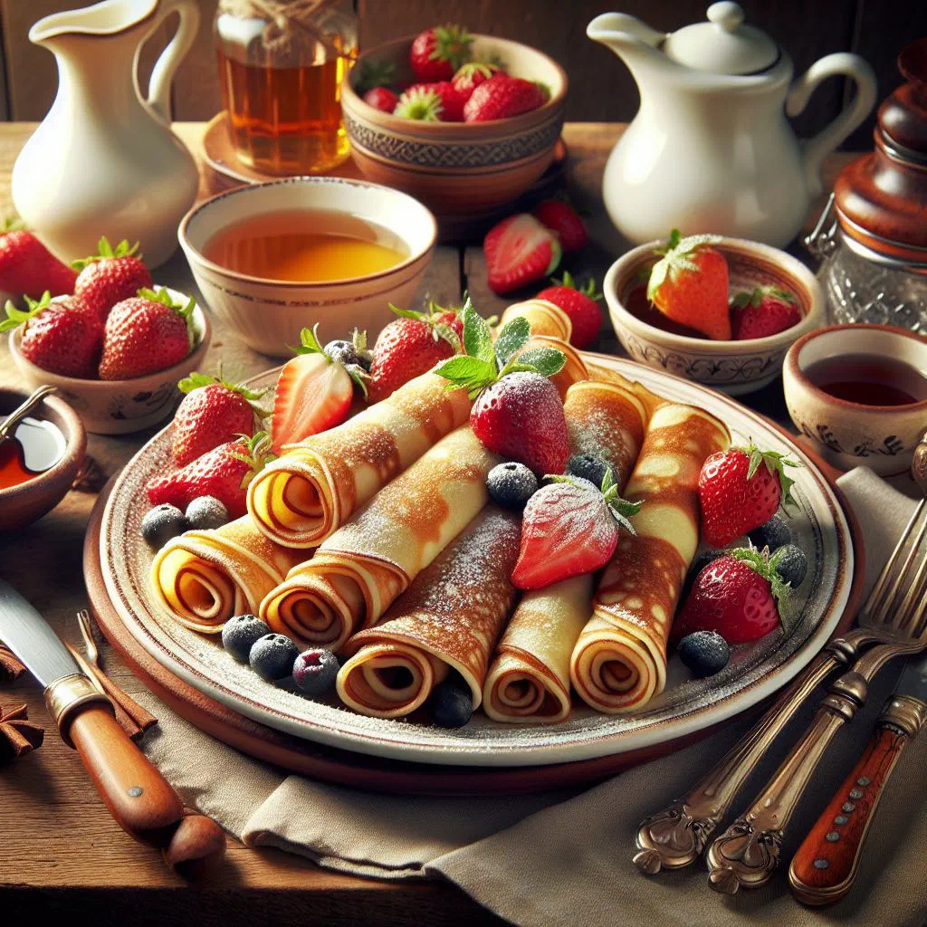 Rolled Ukrainian nalisniki pancakes filled and served on a plate