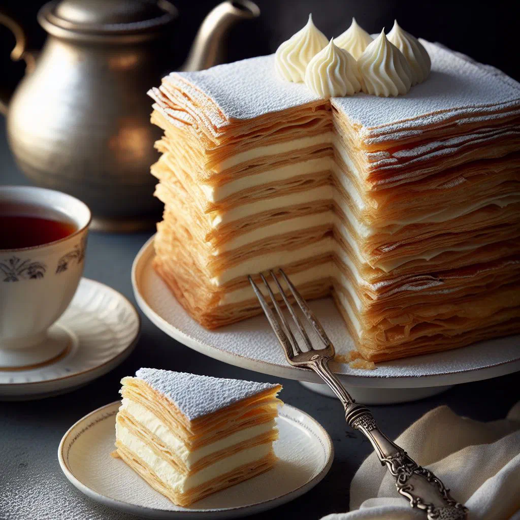 Slice of Napoleon cake with layers of puff pastry and vanilla cream