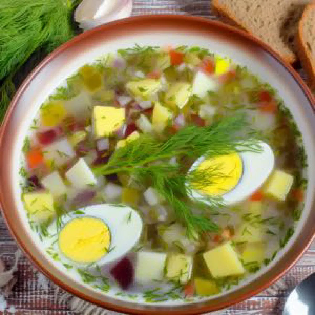 A bowl of Ukrainian okroshka soup garnished with fresh herbs