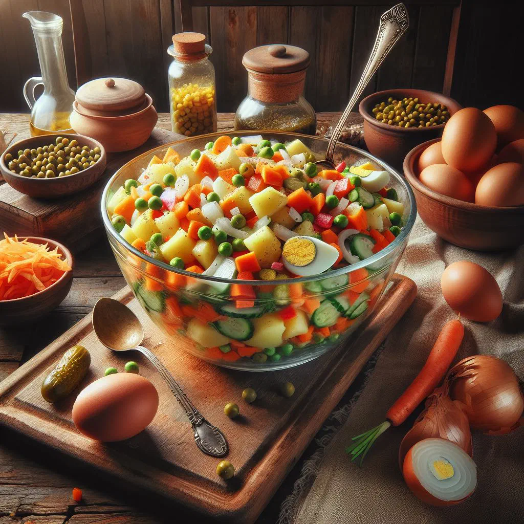 Bowl of creamy Ukrainian Olivier salad garnished with fresh dill