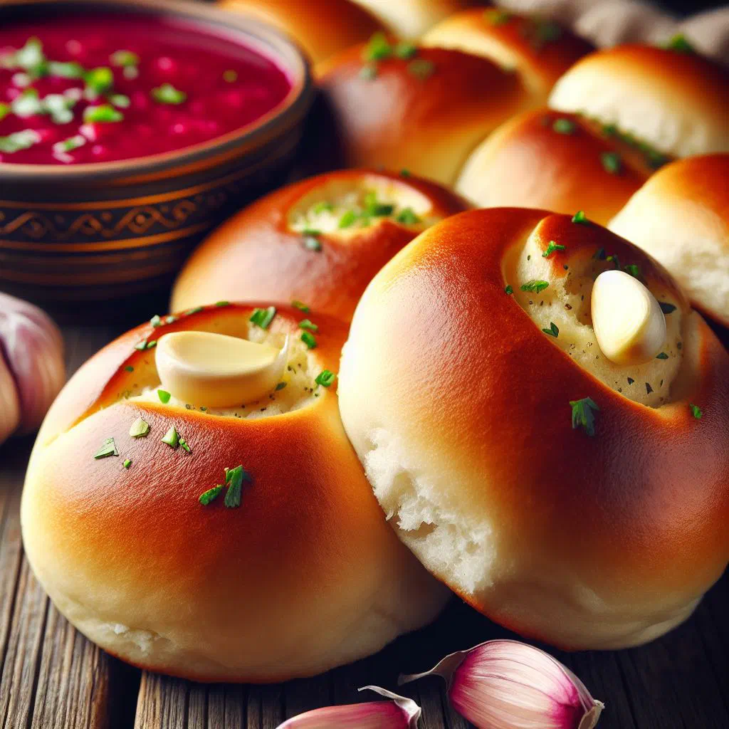 Golden pampushky rolls brushed with garlic butter and parsley