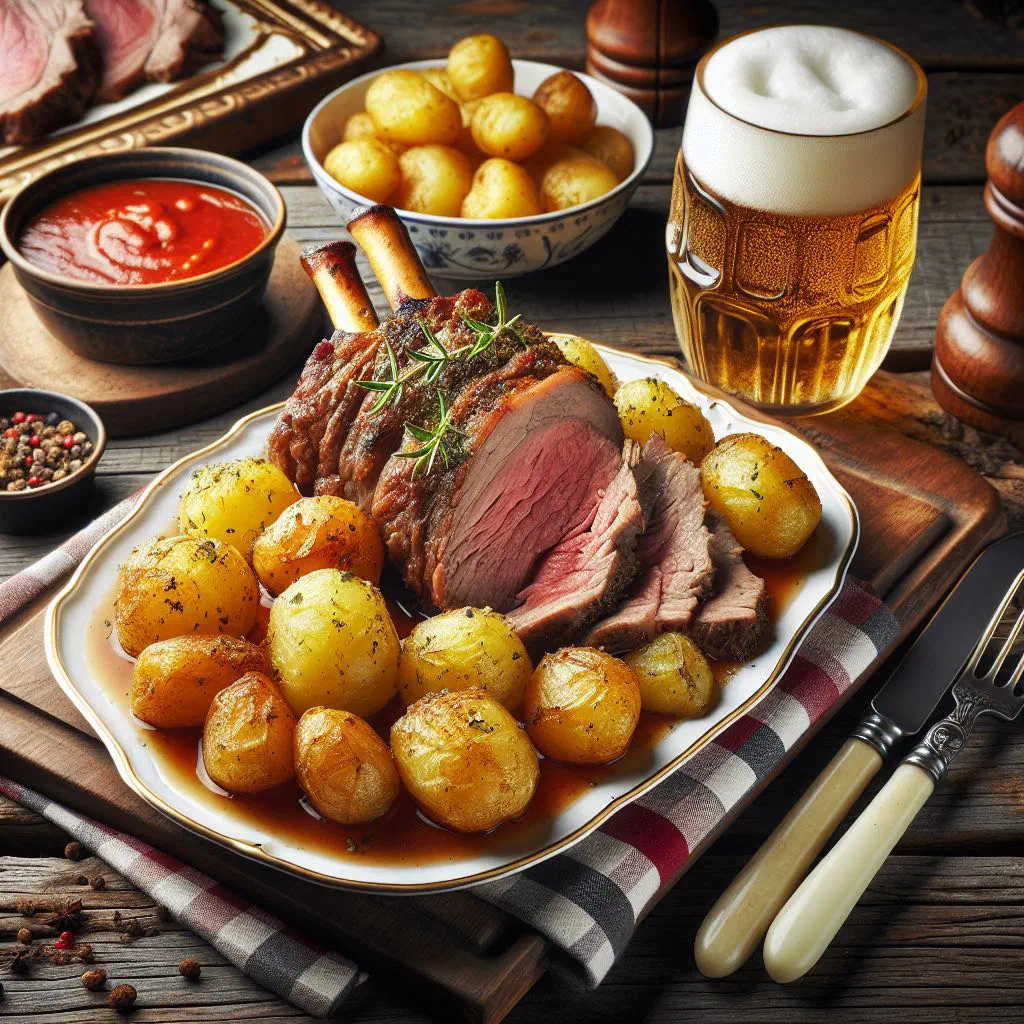 Ukrainian pechenia with tender meat and potatoes garnished with fresh herbs