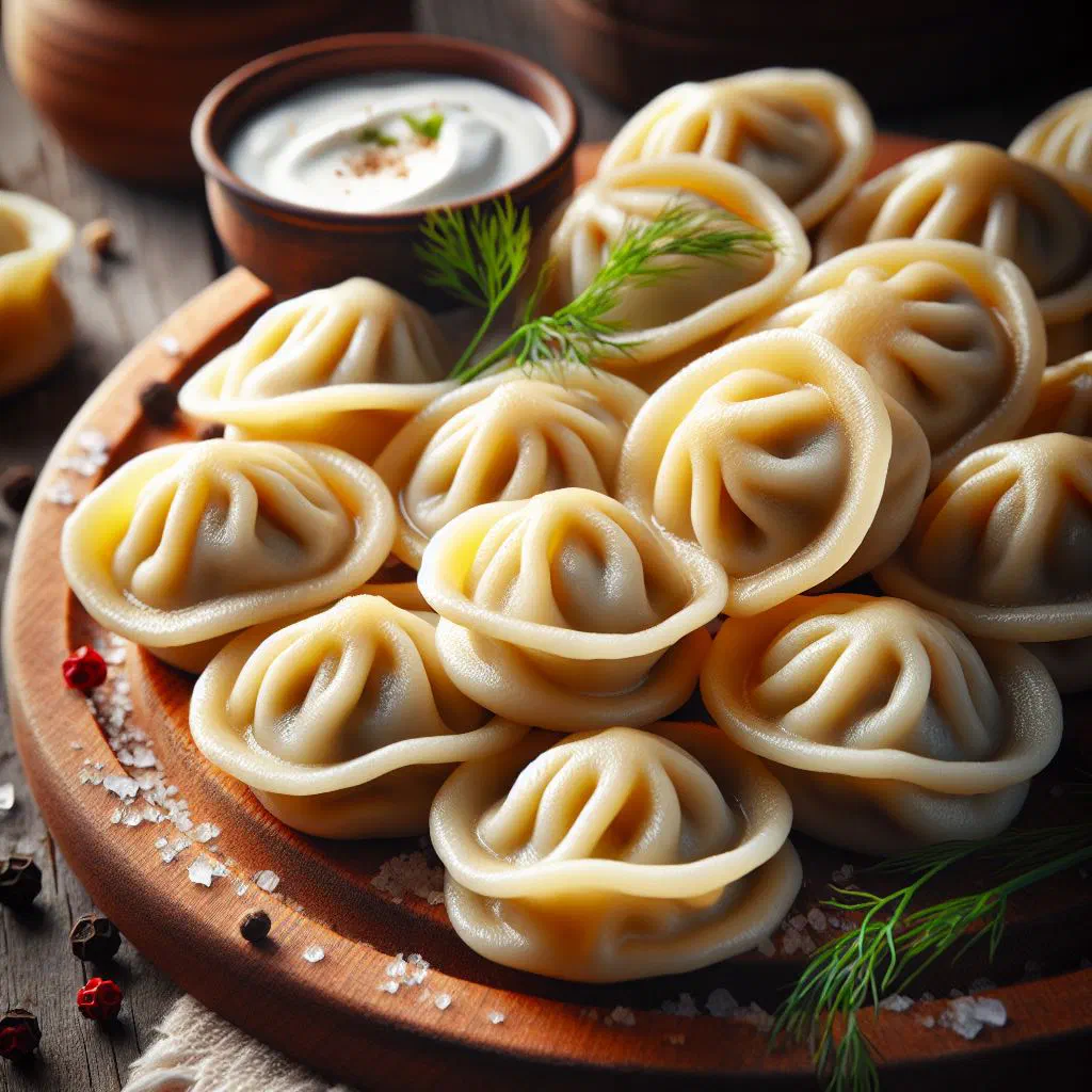 Cooked pelmeni dumplings served with sour cream and fresh dill