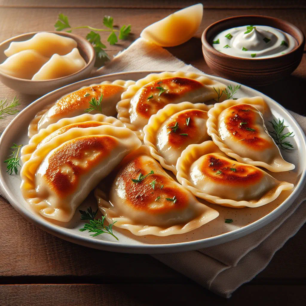 Boiled pierogi filled with quark, served with melted butter and fresh herbs