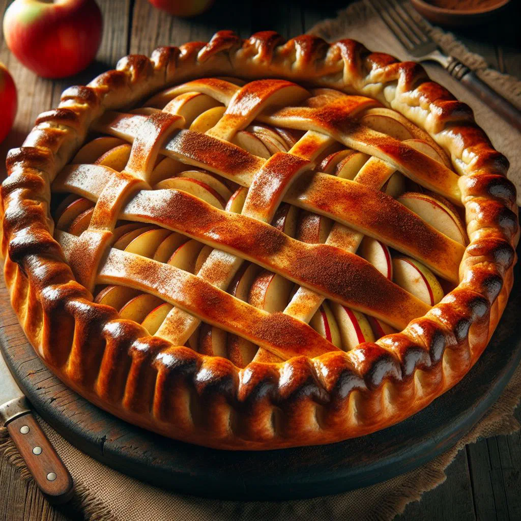 Golden apple pirog dusted with icing sugar, sliced to show tender apple filling