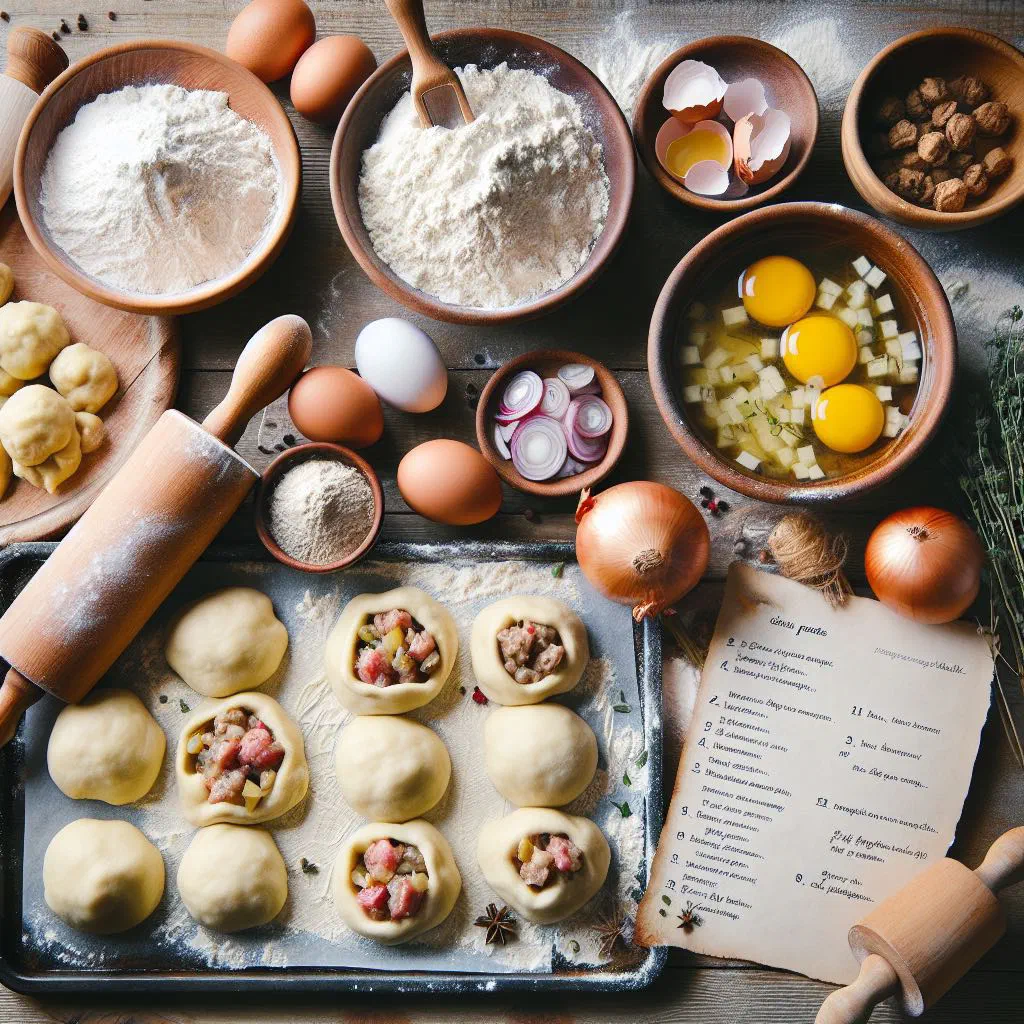 Golden baked pirozhki stuffed with a savoury filling on a plate