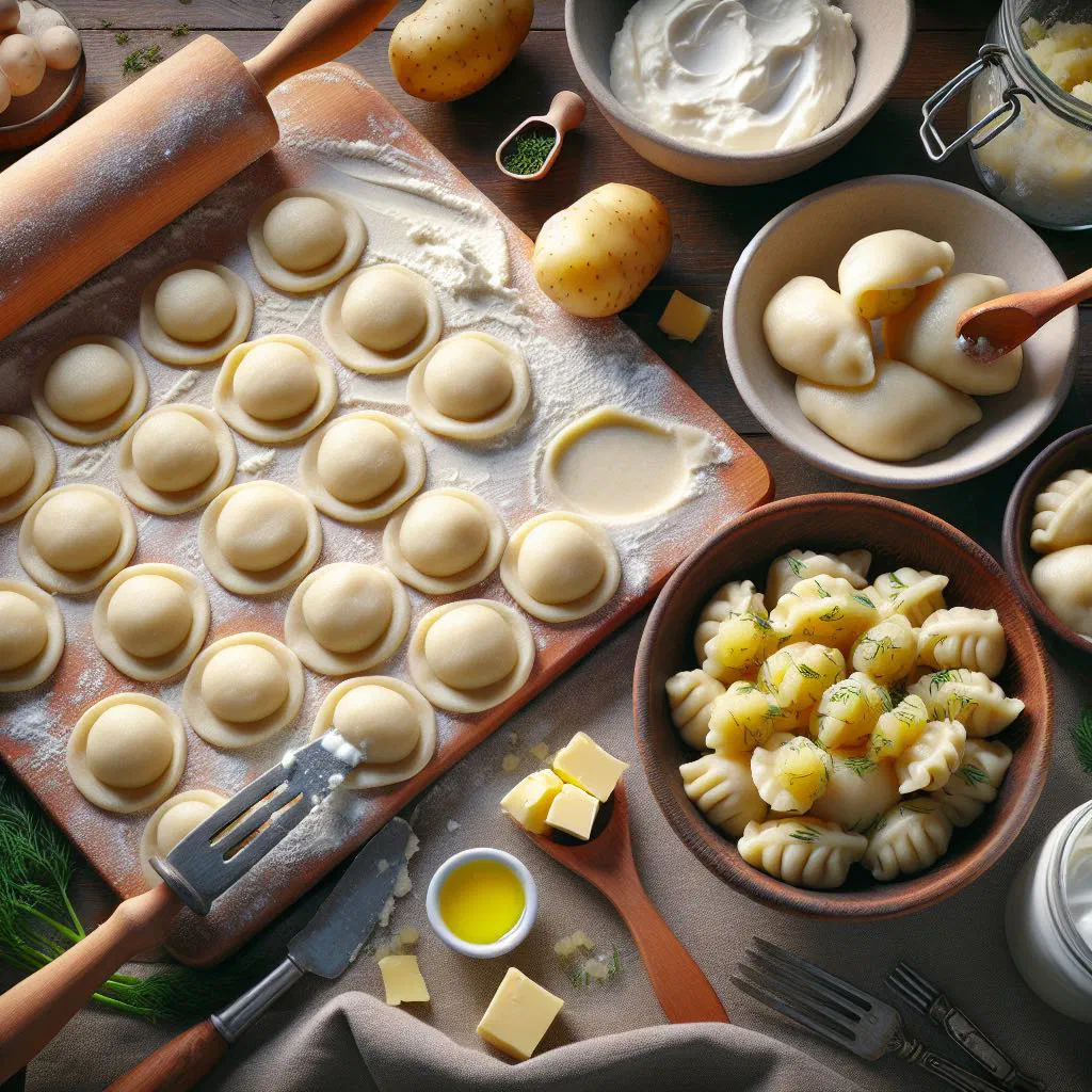 Potato vareniki dumplings topped with fried onions and a dollop of sour cream