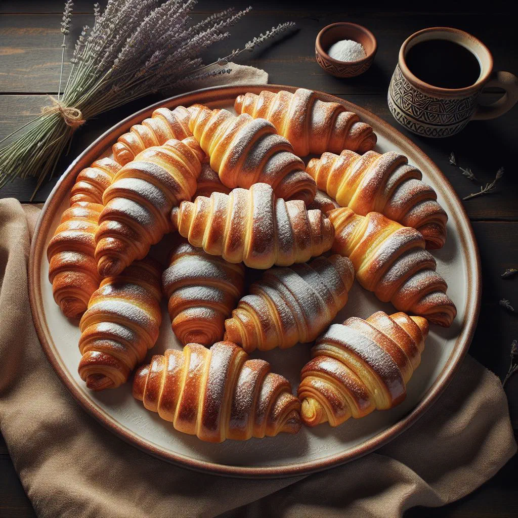 Golden crescent-shaped rogaliky pastries dusted with sugar on a plate