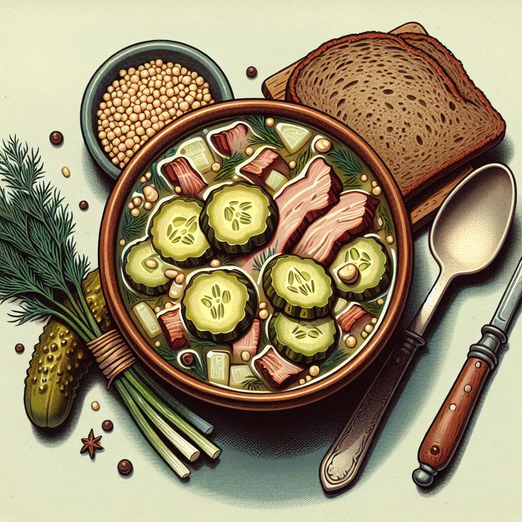 A bowl of rosolnyk soup with tender meat, vegetables and fresh herbs