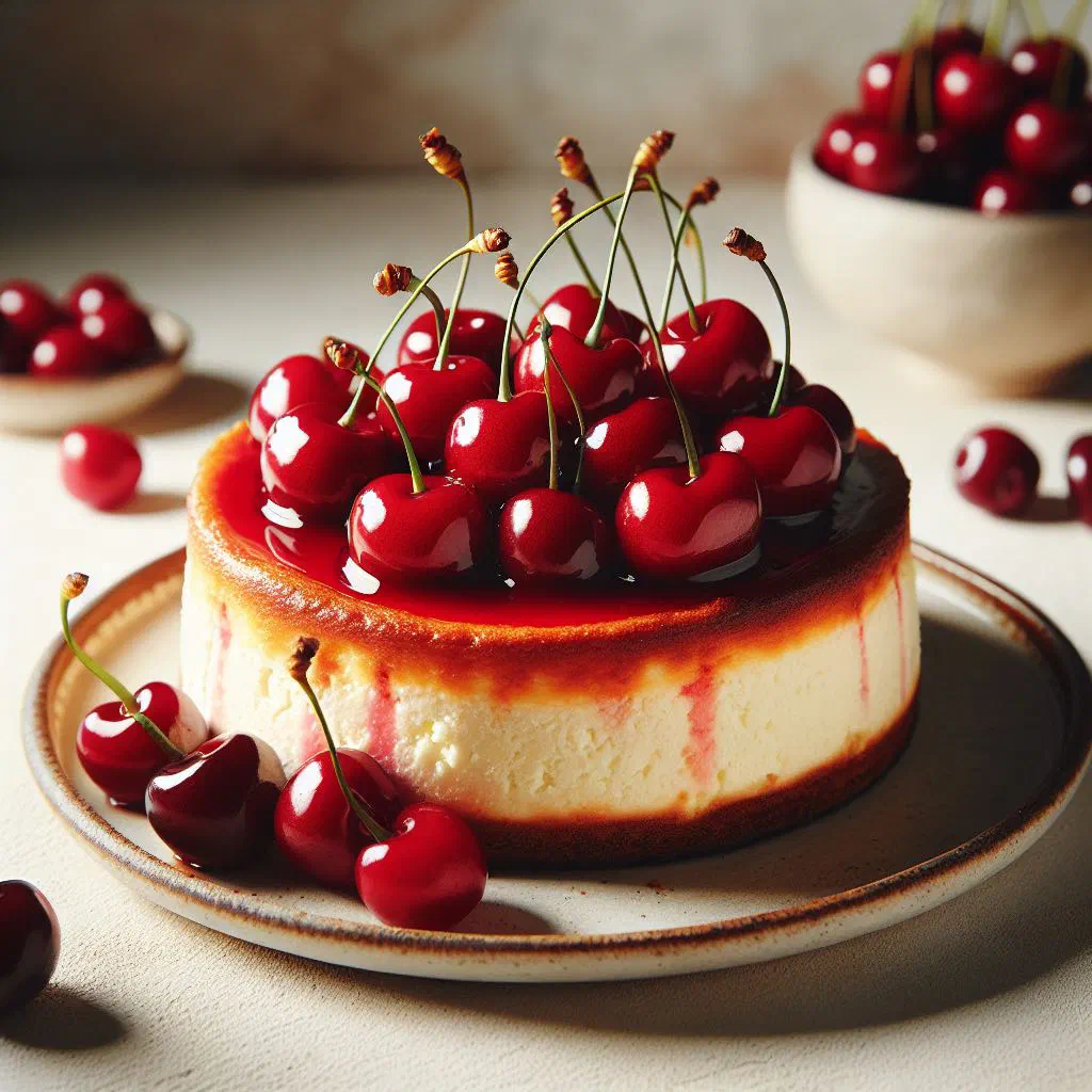 Slice of Ukrainian sernyk cheesecake studded with cherries