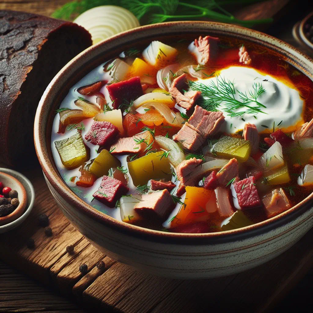 Bowl of Ukrainian solyanka stew garnished with fresh dill and a spoonful of sour cream
