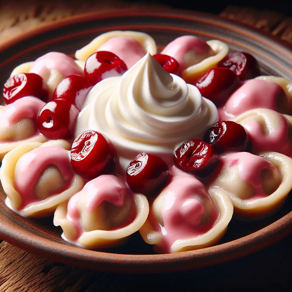 Ukrainian vareniki filled with cherries, topped with a dollop of cream