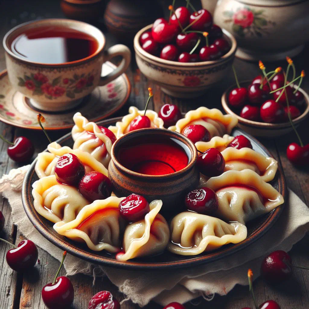 Cherry-filled varenyky dumplings topped with a spoonful of soured cream