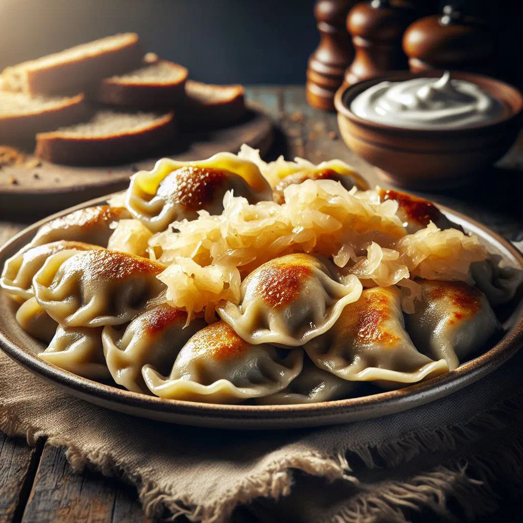 Ukrainian varenyky filled with sauerkraut, topped with fried onions