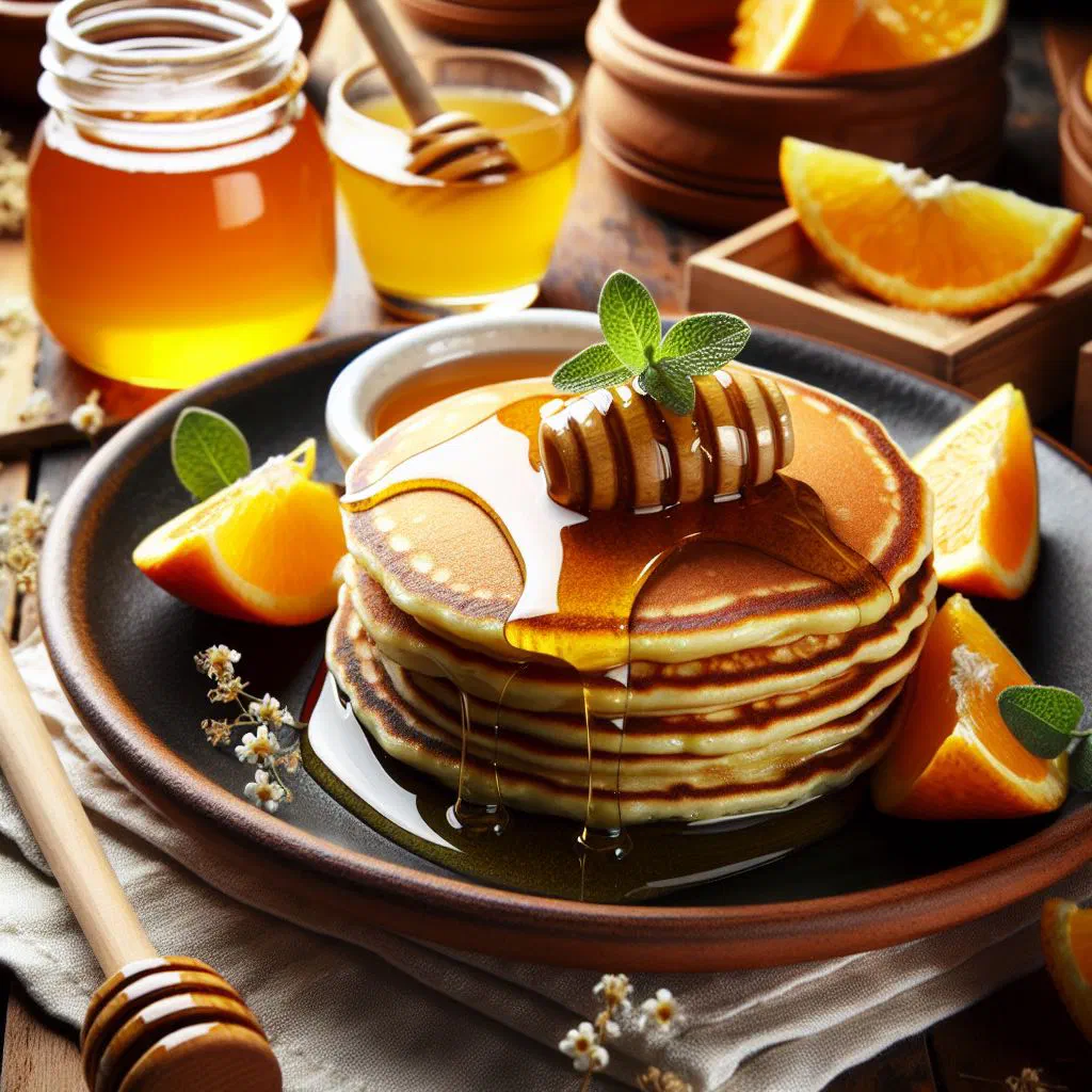 Golden fried Verhuny pastries drizzled with honey on a plate