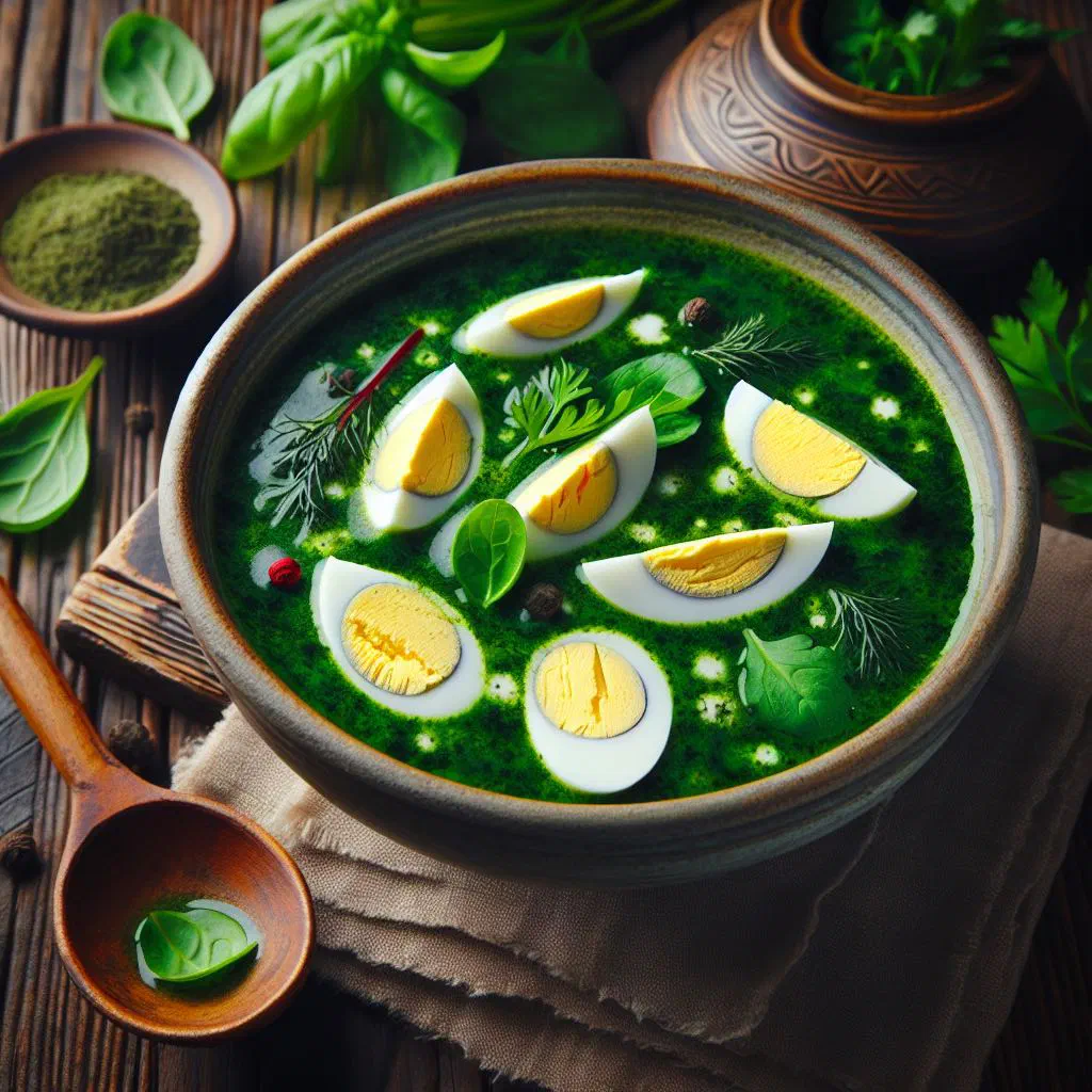 Bowl of green Ukrainian borscht topped with quartered boiled eggs and fresh dill