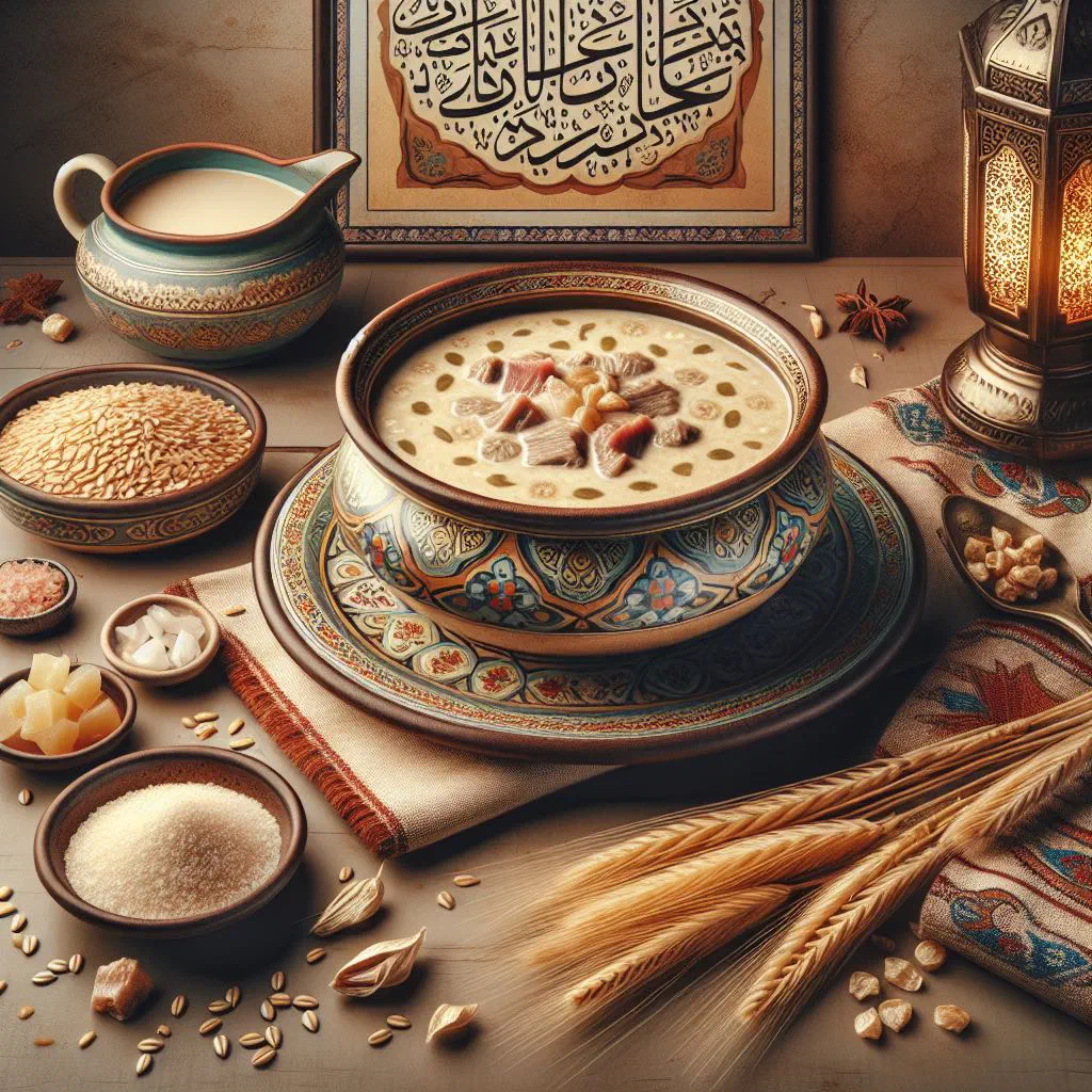 Bowl of creamy Al Harees topped with ghee and a dusting of cinnamon
