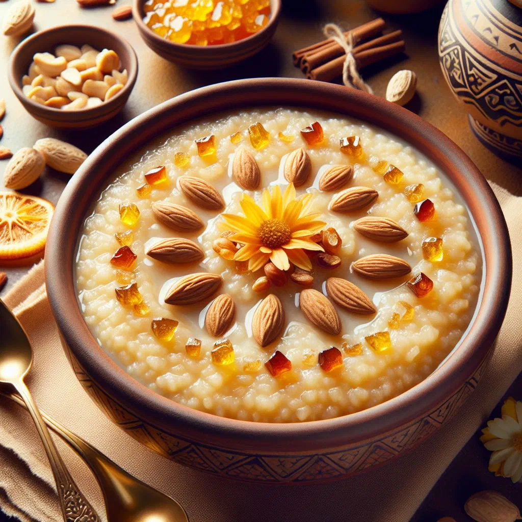 Smooth mound of Emirati asida dough drizzled with butter and honey