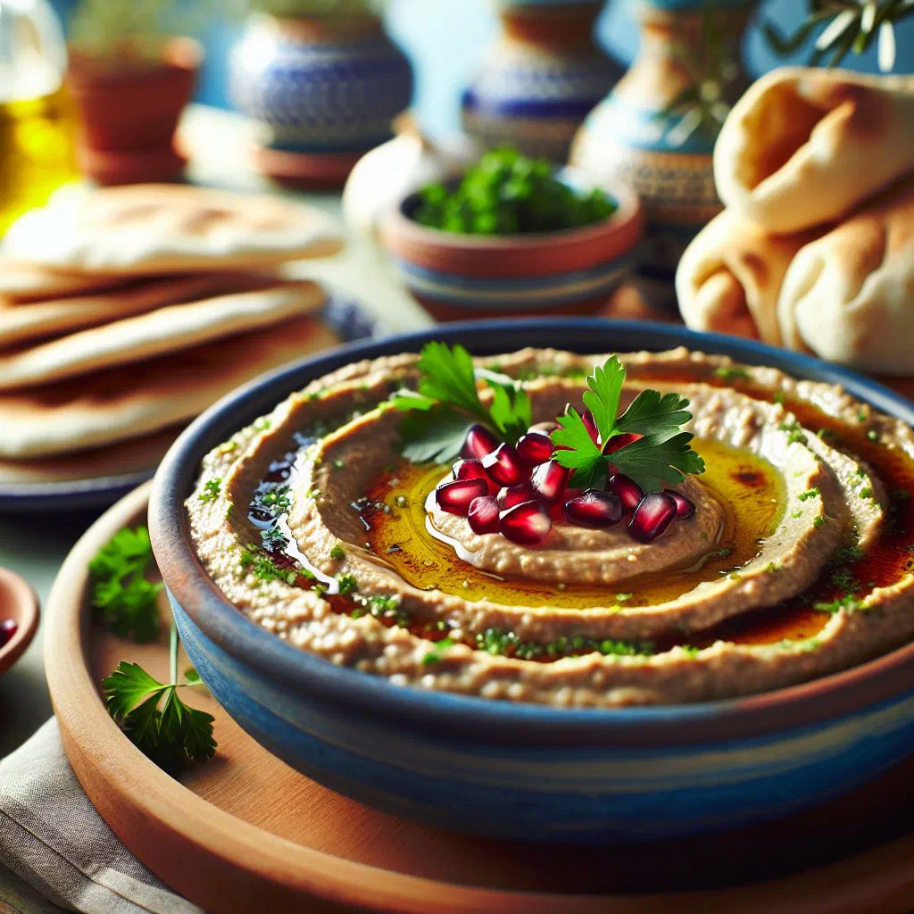 Creamy baba ghanoush dip drizzled with olive oil in a bowl