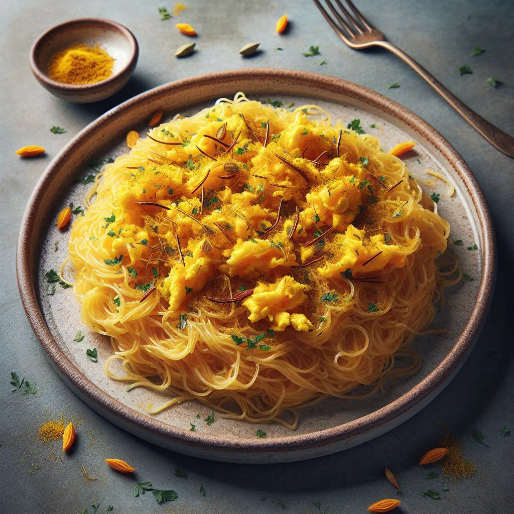 Sweet vermicelli balaleet topped with a savoury omelette and chopped pistachios