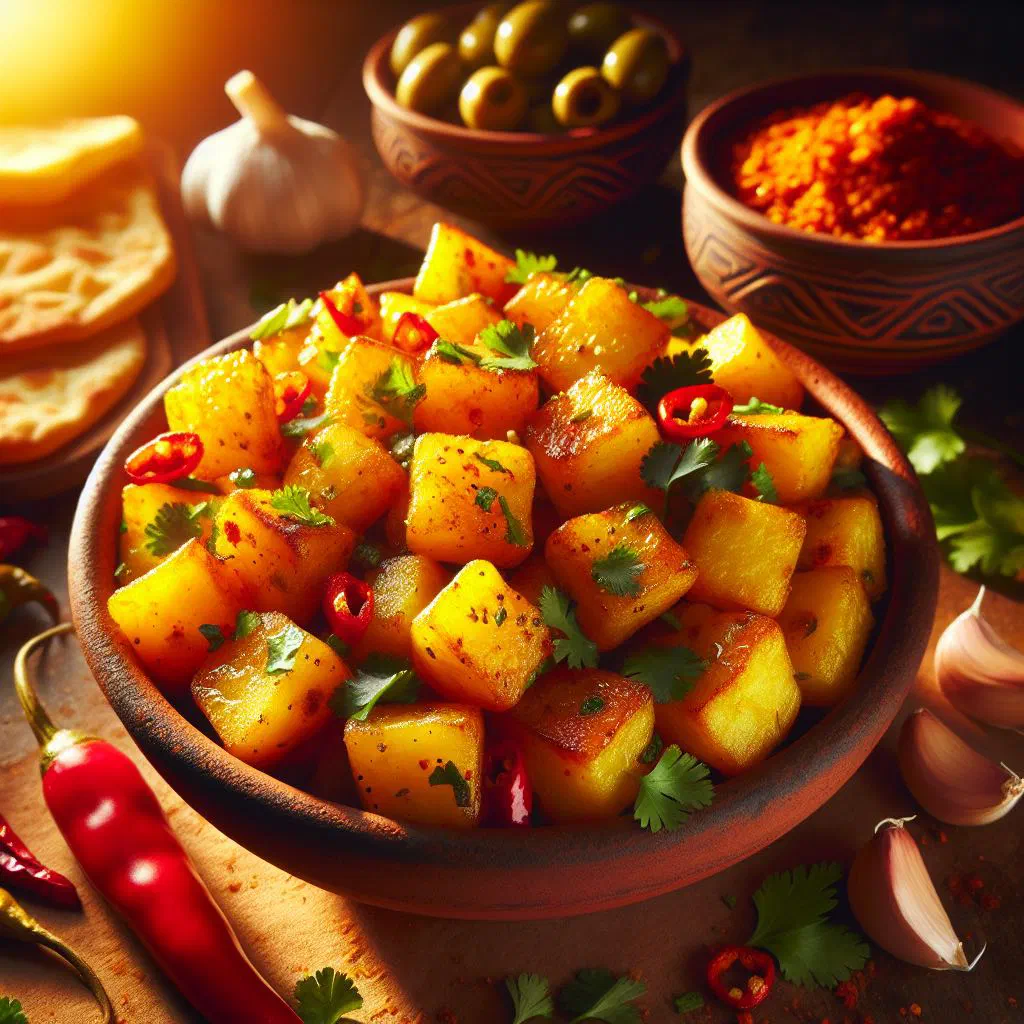 Crispy spicy batata harra potatoes tossed with garlic, coriander and chilli flakes