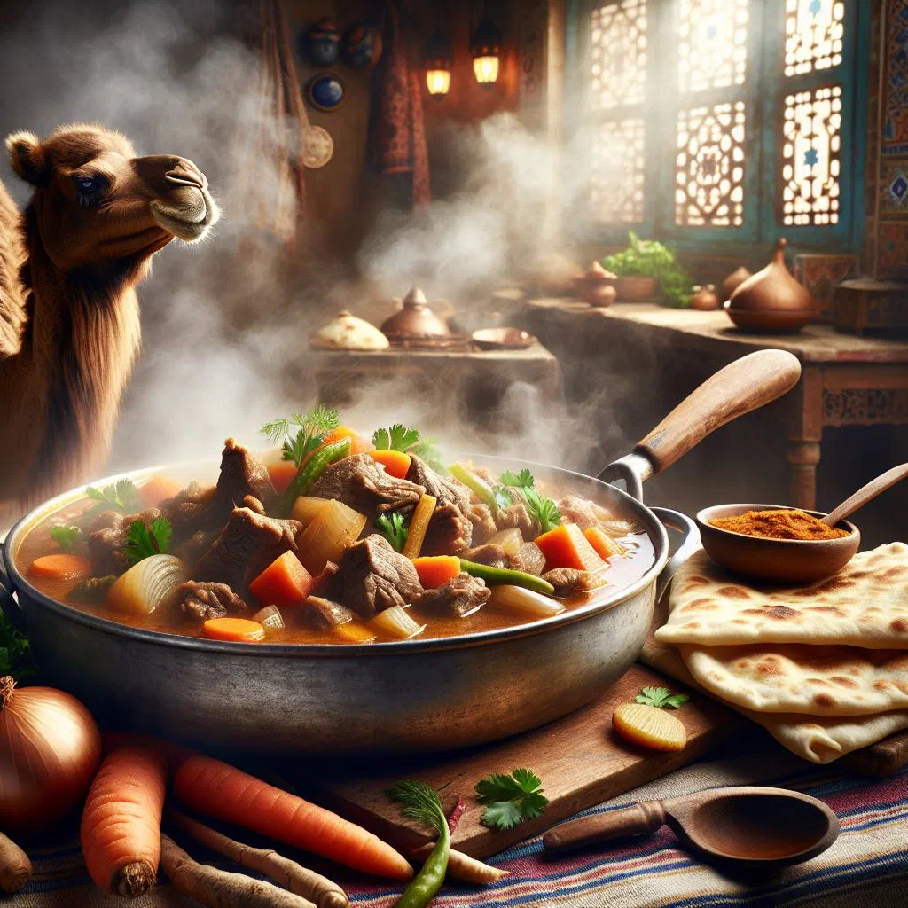 Emirati camel meat stew with vegetables and chickpeas in a bowl
